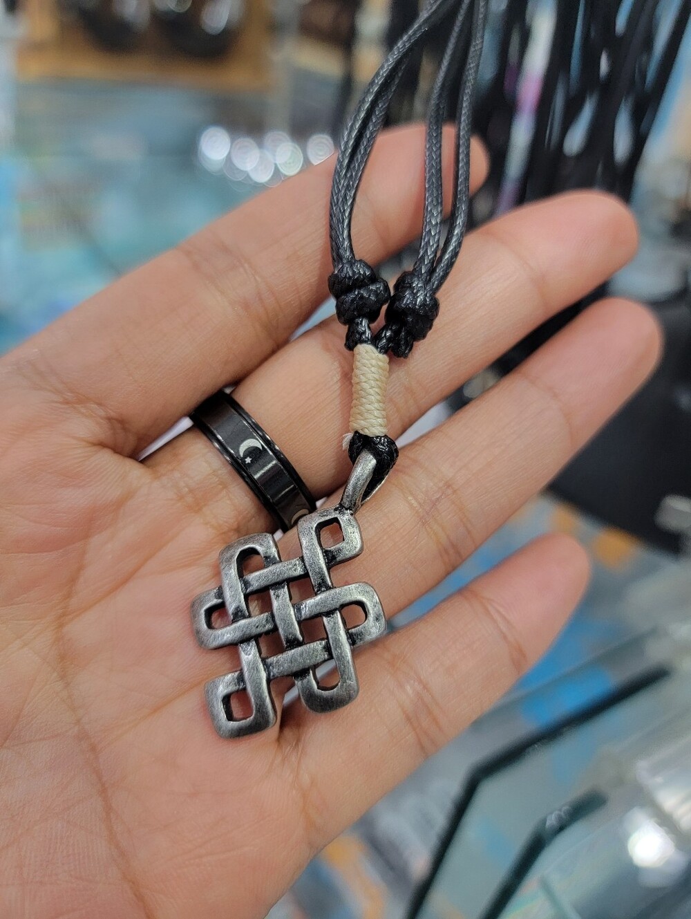 Silver Tone Celtic Knot Pendant Necklace with Black Cord